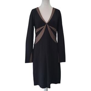 BCBG Max Azria Size L Black Brown V-Neck Long Sleeve A-Line Cocktail Dress